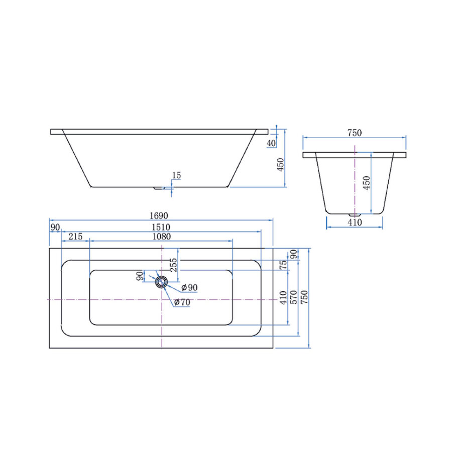 Inbouw Bad Luca Sanitair Primo Acryl 169x74x45 cm Zonder Afvoerset incl. Stelpoten Glans Wit