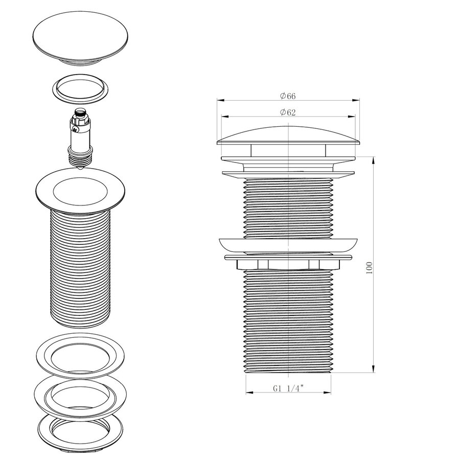 Clickwaste Best Design Nero Lange Draad 5/4" 10 cm Messing Mat Zwart