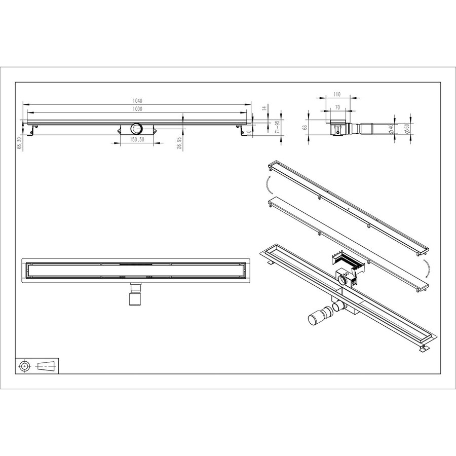 Douchegoot met Tegelrooster en Flens BWS Roos 100x7 Cm Geborsteld Messing