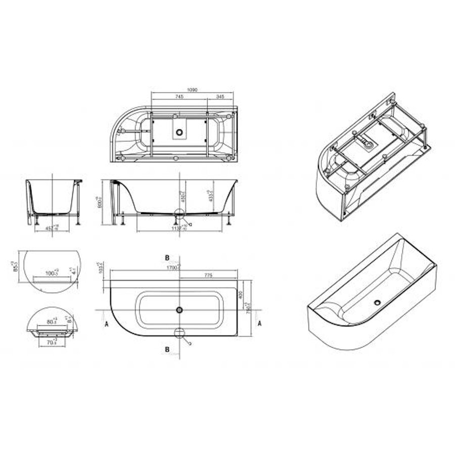 Hoekbad Wiesbaden Zenn Rechts 170x75 Cm Met Waste Wit