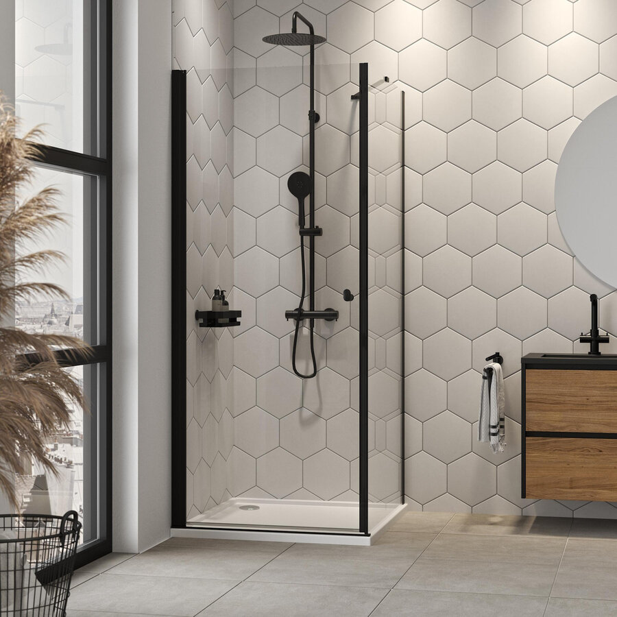 Douchecabine Sealskin Hooked Draaideur met Zijwand 90x90x200 cm Helder Glas Mat Zwart