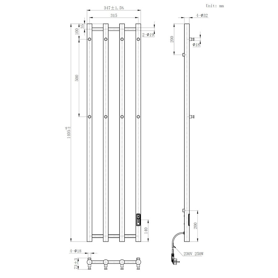 Elektrische Radiator Best Design Velten 140.5x34.6 cm 250W Mat Zwart