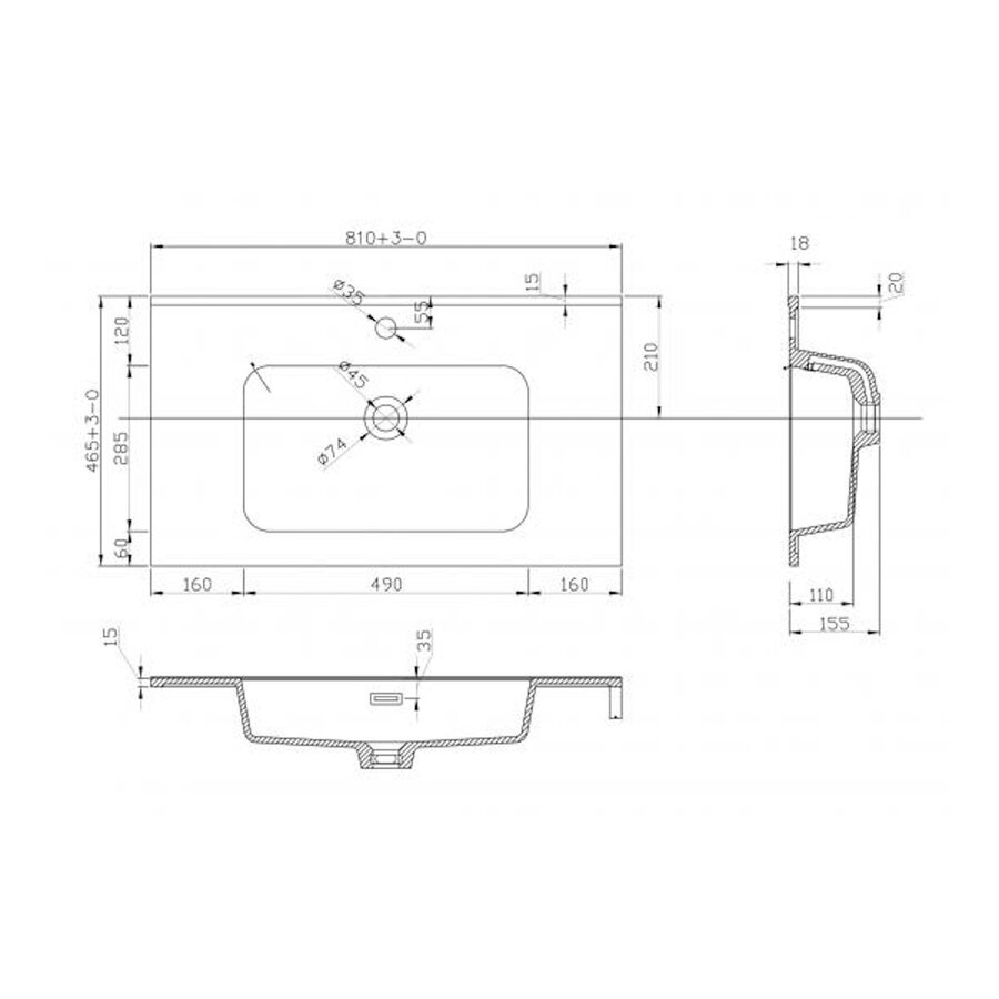 Wastafel Wiesbaden Ribbella 80 cm Mat Zwart