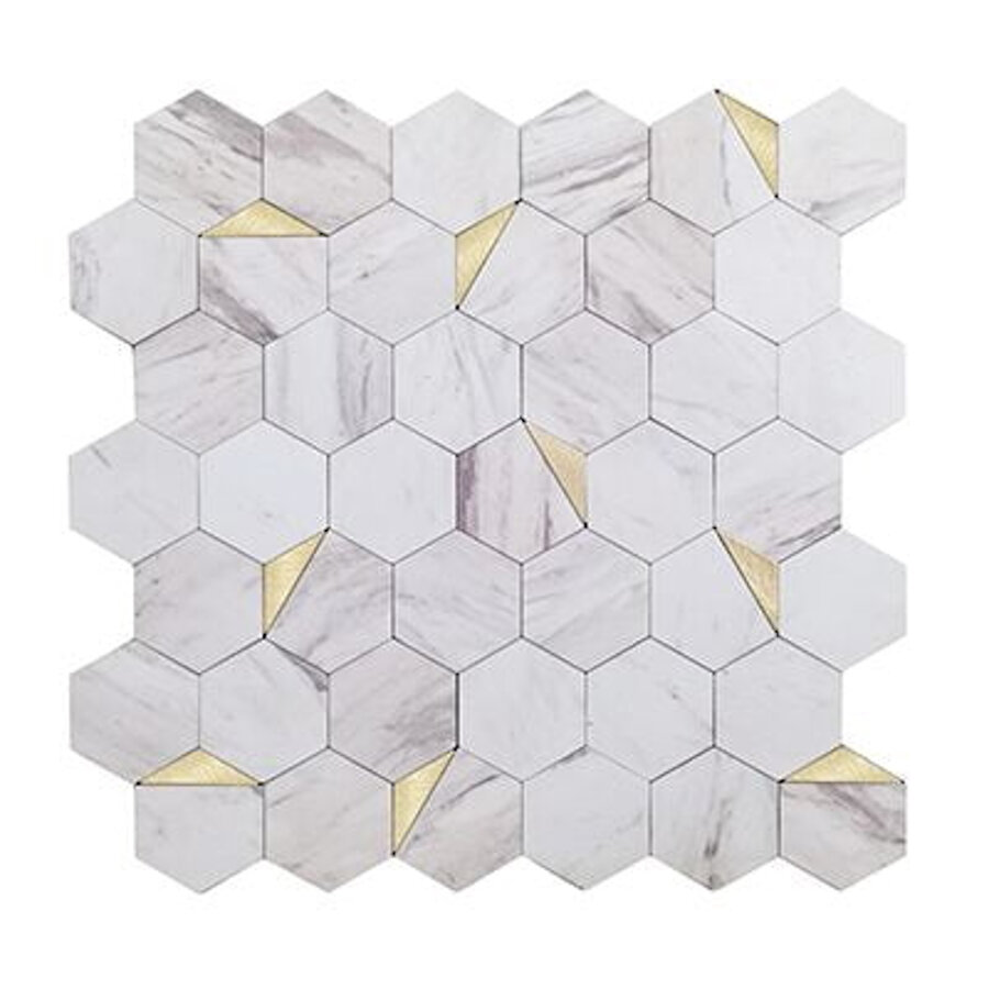 Mozaïek Isodeco Steenstrip Hexagon Zelfklevend 28.0x29.0 cm Goud Wit Marmer (Prijs Per Stuk)