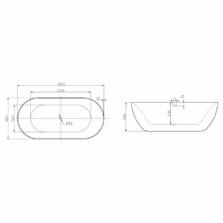 Vrijstaand Bad Melissa 180x85x60 cm Incl. Klikwaste, Afvoer en Sleuf Overloop Glans Wit