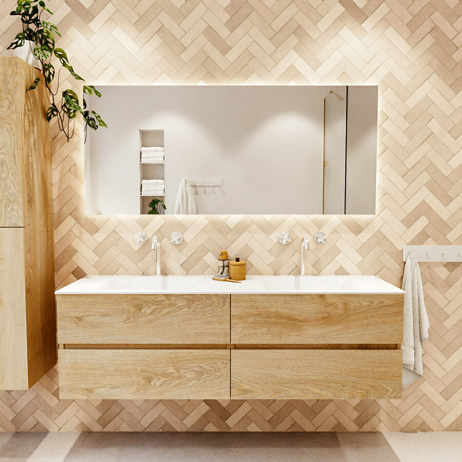 MONDIAZ VICA 160cm badmeubel onderkast Washed Oak 4 lades. Wastafel CLOUD dubbel 2 kraangaten, kleur Talc.