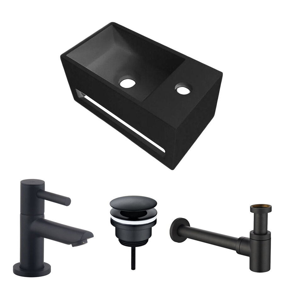 Fonteinset BWS Solid Surface Met Handdoekhouder Rechts Zwart Mat Zwart