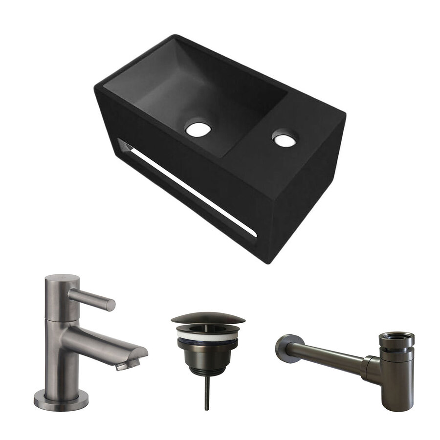 Fonteinset BWS Solid Surface Met Handdoekhouder Rechts Zwart Gunmetal