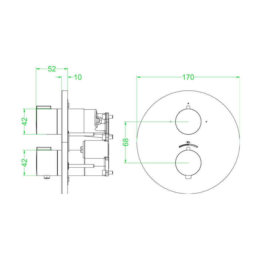 Afbouwdeel IVY Pact Inbouwthermostaat 3-Weg Stop-Omstel Met Rond Rozet Geborsteld Metal Black PVD