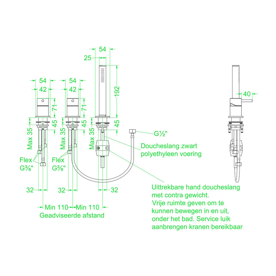Badrandcombinatie IVY Concord 3-gats Mengkraan Met Uittrekbare Handdouche Zonder Uitloop Geborsteld RVS316