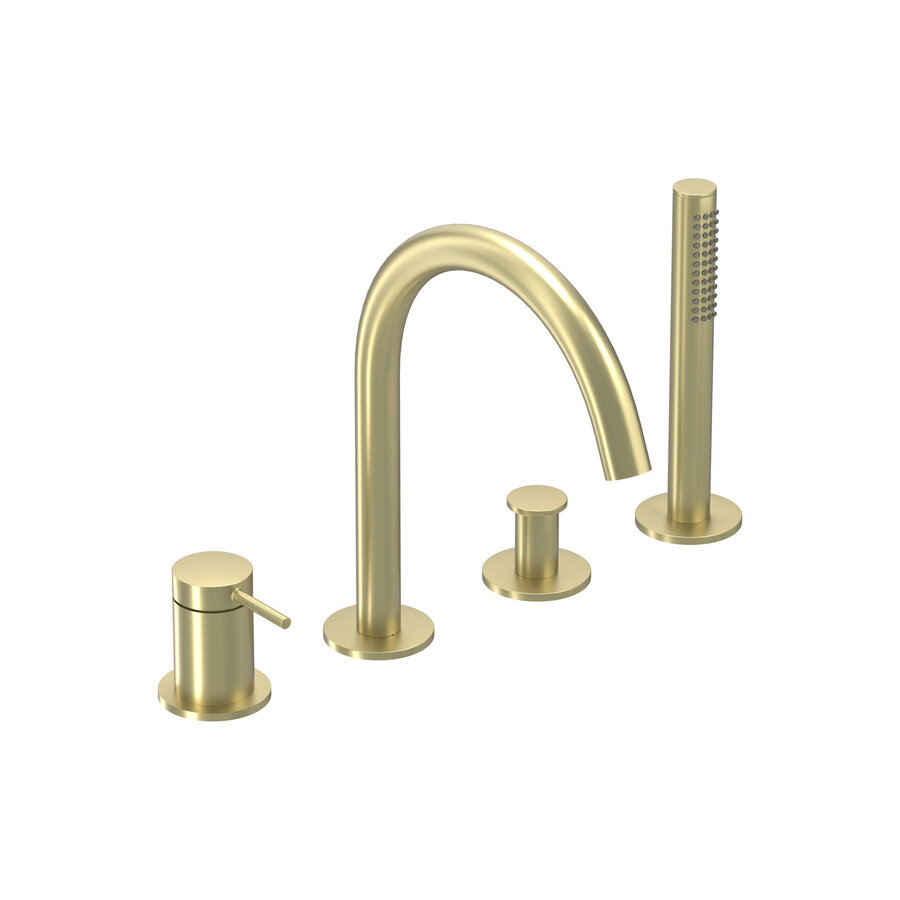 Badrandcombinatie IVY Bond 4-gats Mengkraan Met Uittrekbare Handdouche Draaibare Uitloop Geborsteld Mat Goud PVD