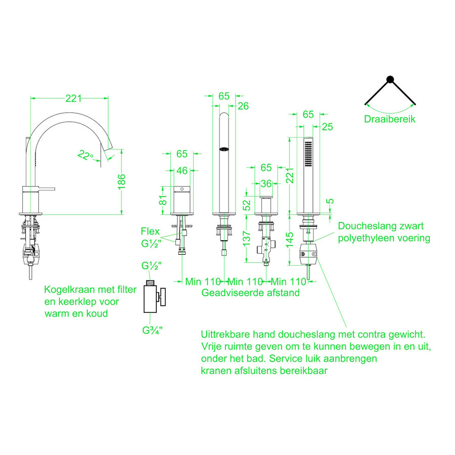 Badrandcombinatie IVY Bond 4-gats Mengkraan Met Uittrekbare Handdouche Draaibare Uitloop Geborsteld Metal Black PVD