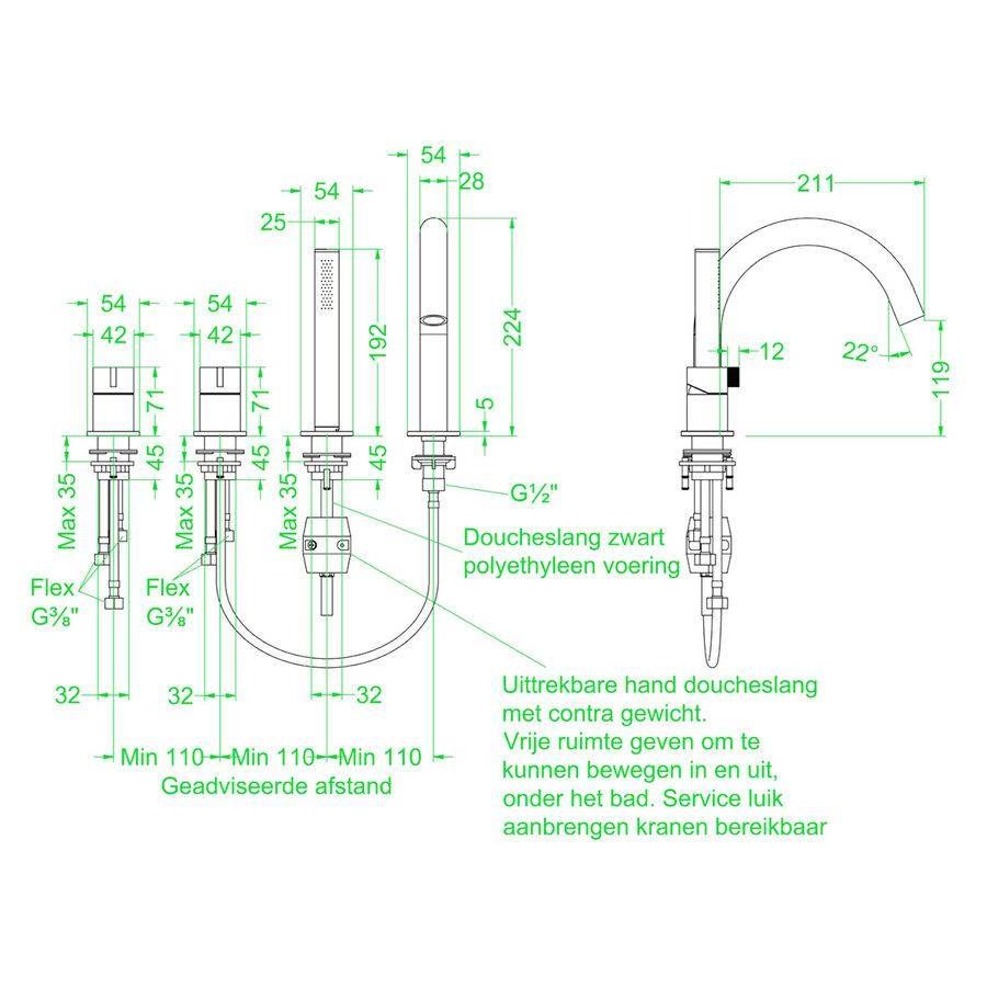 Badrandcombinatie IVY Tribe 4-gats Mengkraan Met Uittrekbare Handdouche Draaibare Uitloop Geborsteld RVS316
