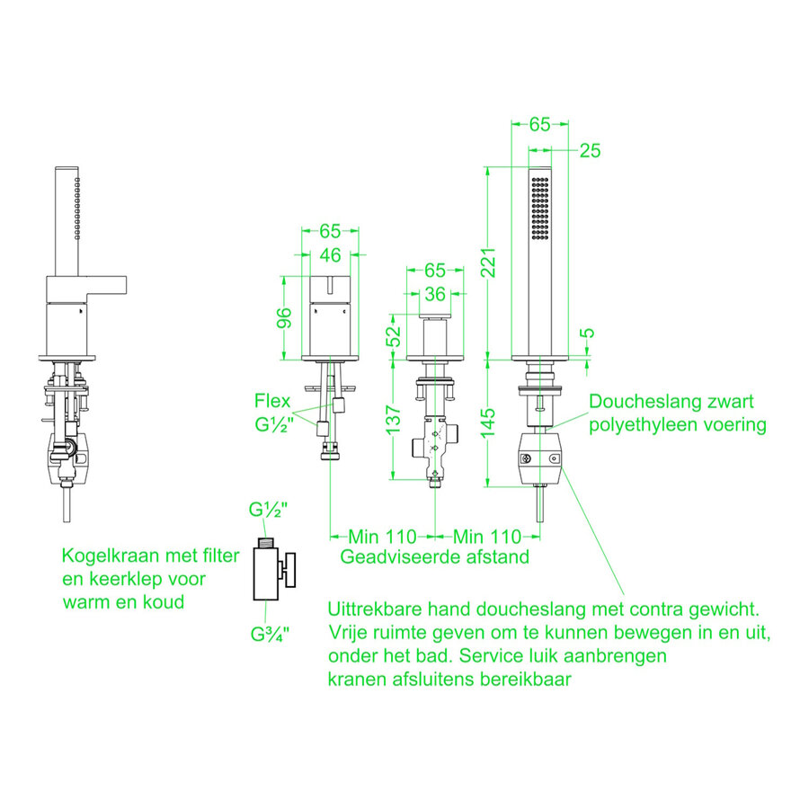 Badrandcombinatie IVY Pact 3-gats Mengkraan Met Uittrekbare Handdouche Zonder Uitloop Chroom
