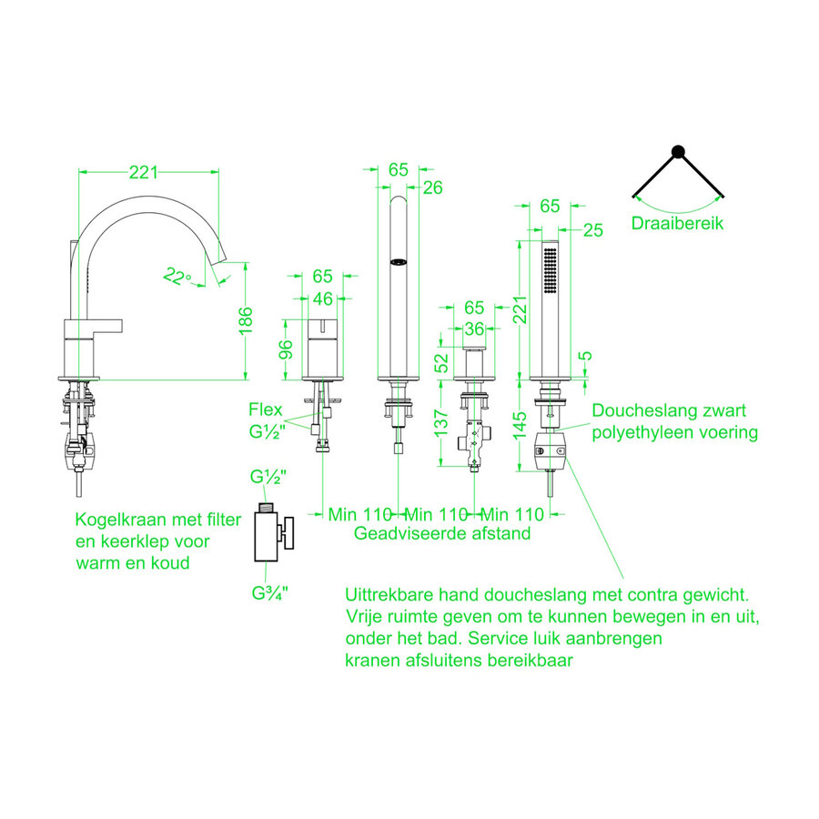 Badrandcombinatie IVY Pact 4-gats Mengkraan Met Uittrekbare Handdouche Draaibare Uitloop Geborsteld Mat Koper PVD