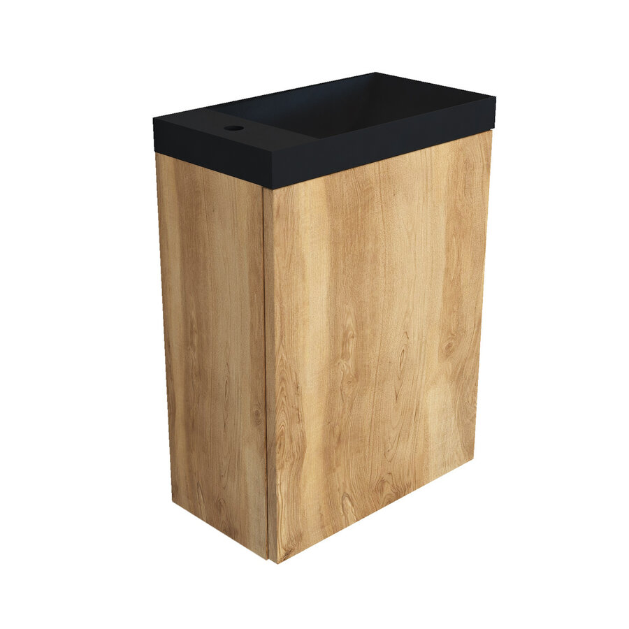 Fonteinkast Natural Oak Arcqua Luna 40x55x28 cm Incl. Fontein Mat Zwart Zonder Overloop