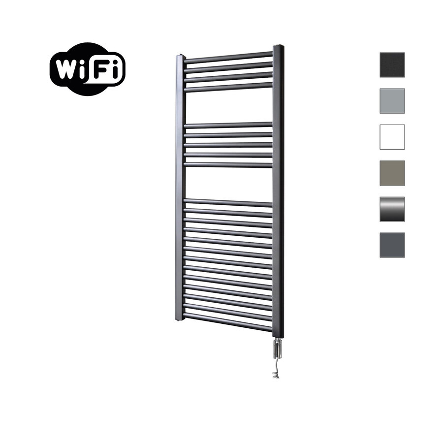 Elektrische Radiator Sanicare HWV Met Wifi 111,8x45 cm Gunmetal 596W Met Thermostaat Chroom Rechtsonder