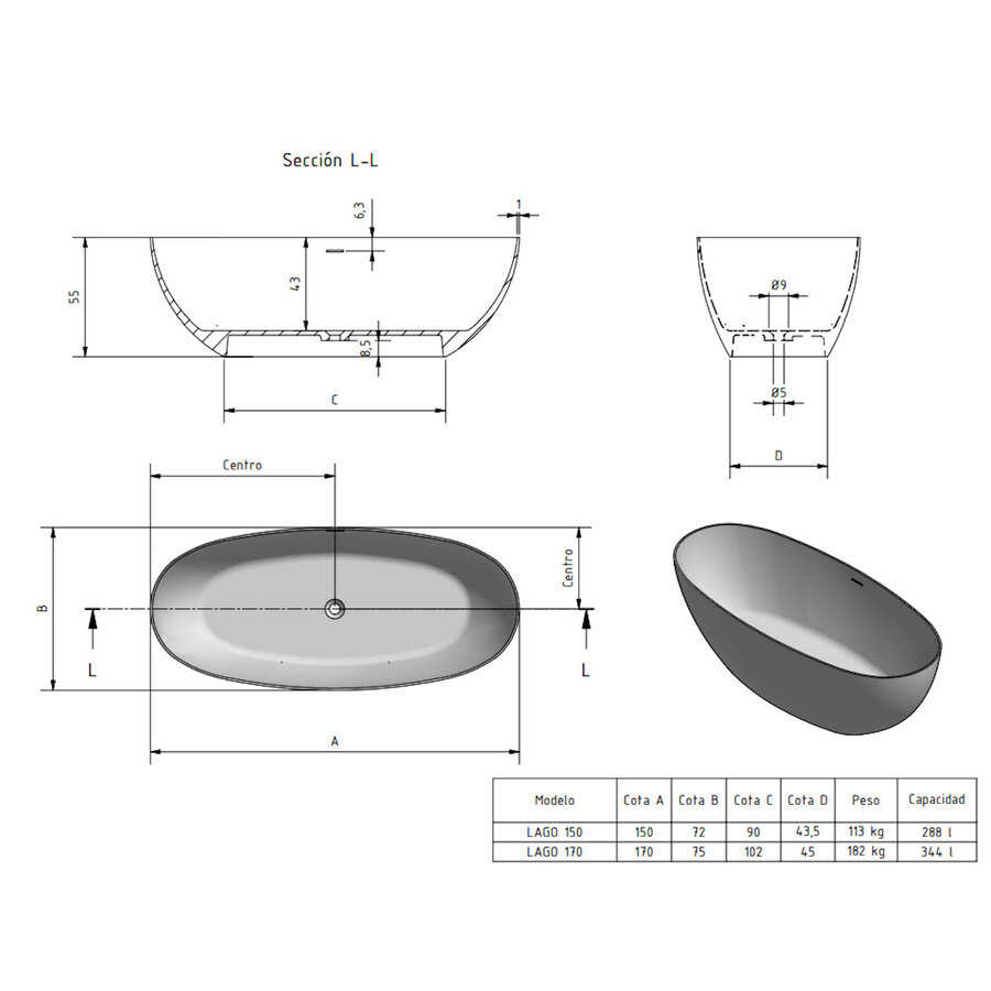 Vrijstaand Ligbad Zenon Lago 150x72 cm Natural