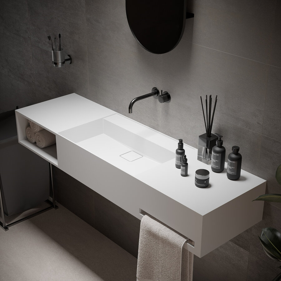 Wastafel Ideavit Solidbliss 140x40x20 cm Solid Surface 1 Opberg Vak Mat Wit