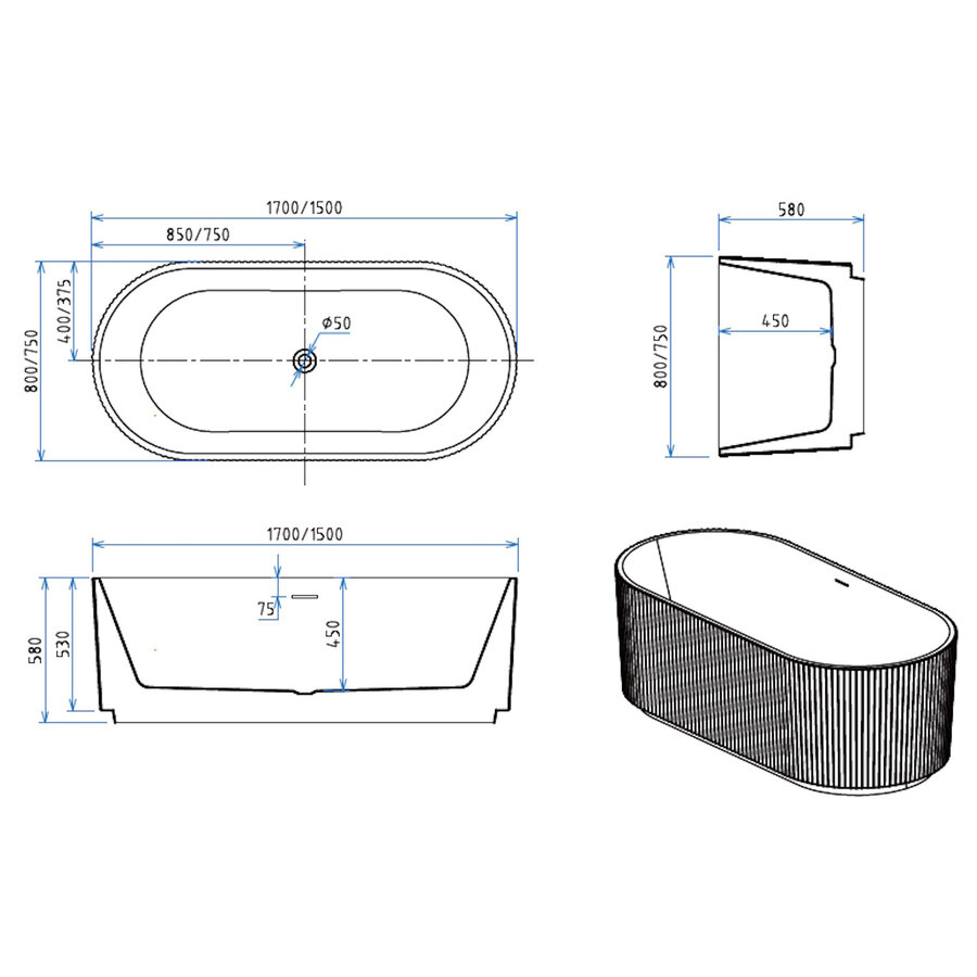 Vrijstaand Bad BWS Evi Met Ribbel Strepen 170x80x58 cm Mat Wit
