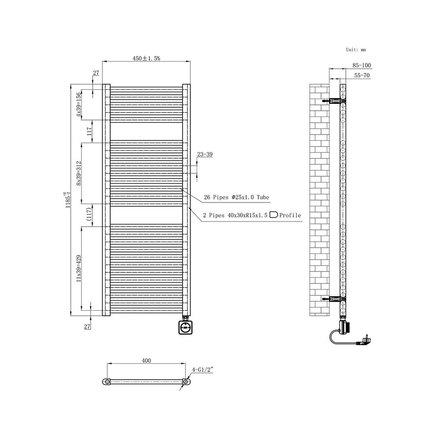 Elektrische Radiator Wiesbaden Elara 118.5x45 Cm Smart Wifi Gunmetal