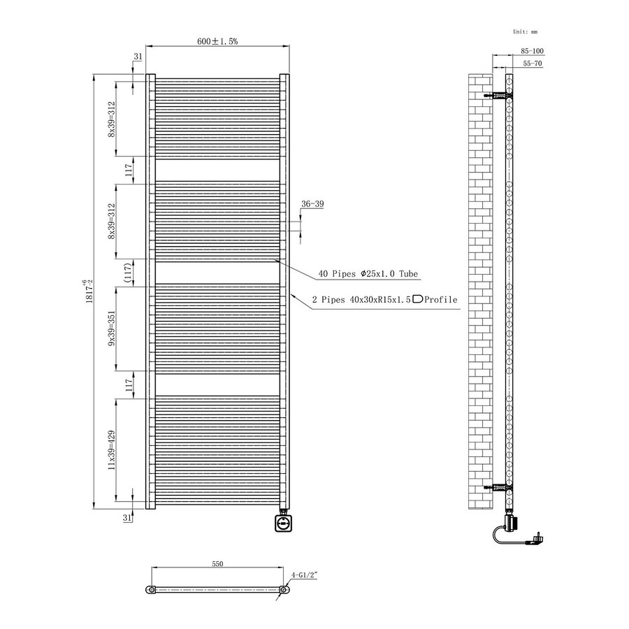 Elektrische Radiator Wiesbaden Elara 181.7x60 Cm Smart Wifi Gunmetal