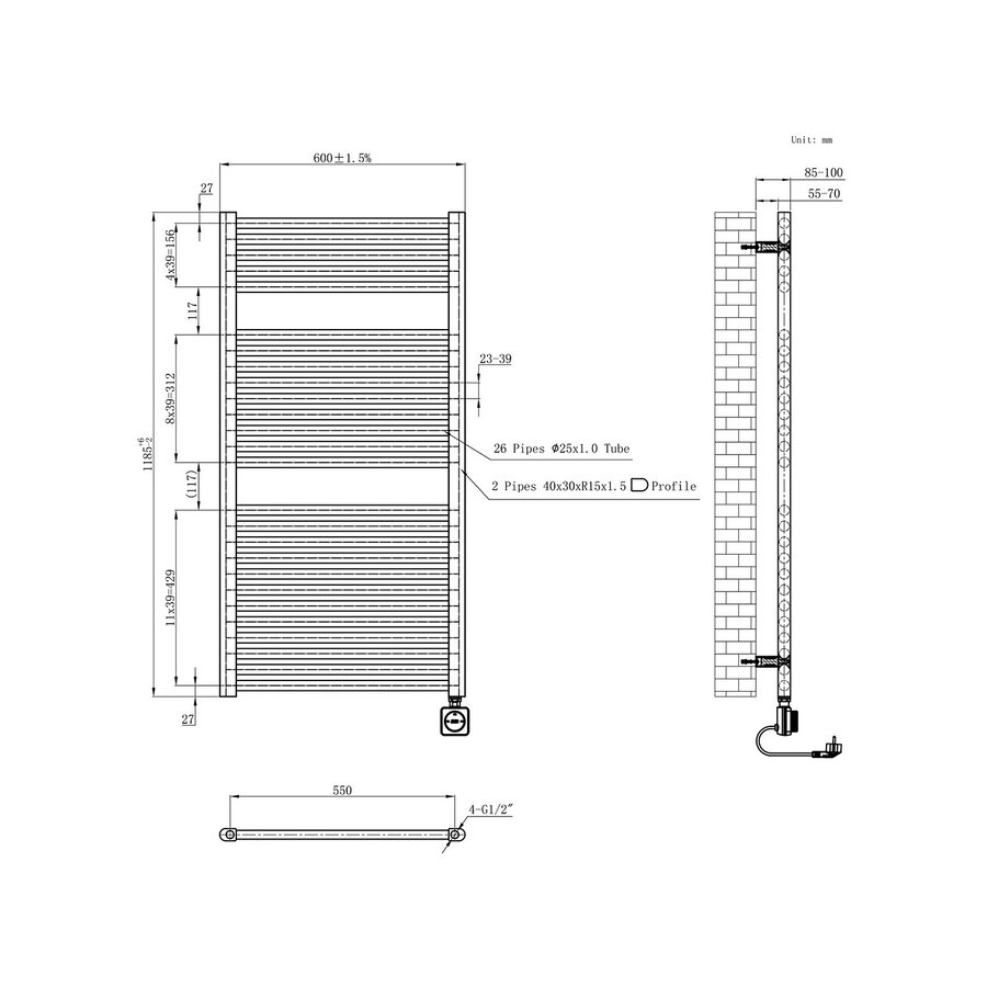 Elektrische Radiator Wiesbaden Elara 118.5x60 Cm Smart Wifi Gunmetal