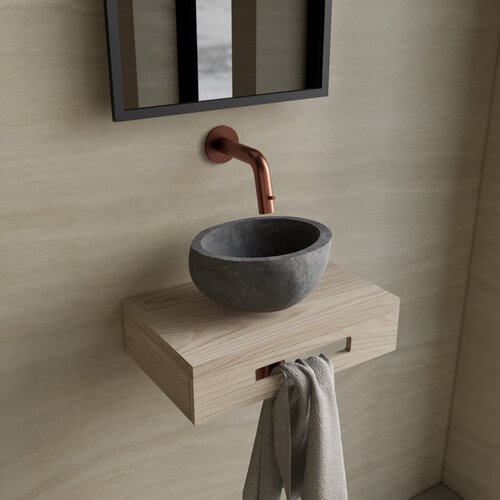 Complete Fonteinset BWS Hold Met Handoekhouder Waskom Natuursteen Grijs En Fonteinkraan Koper 