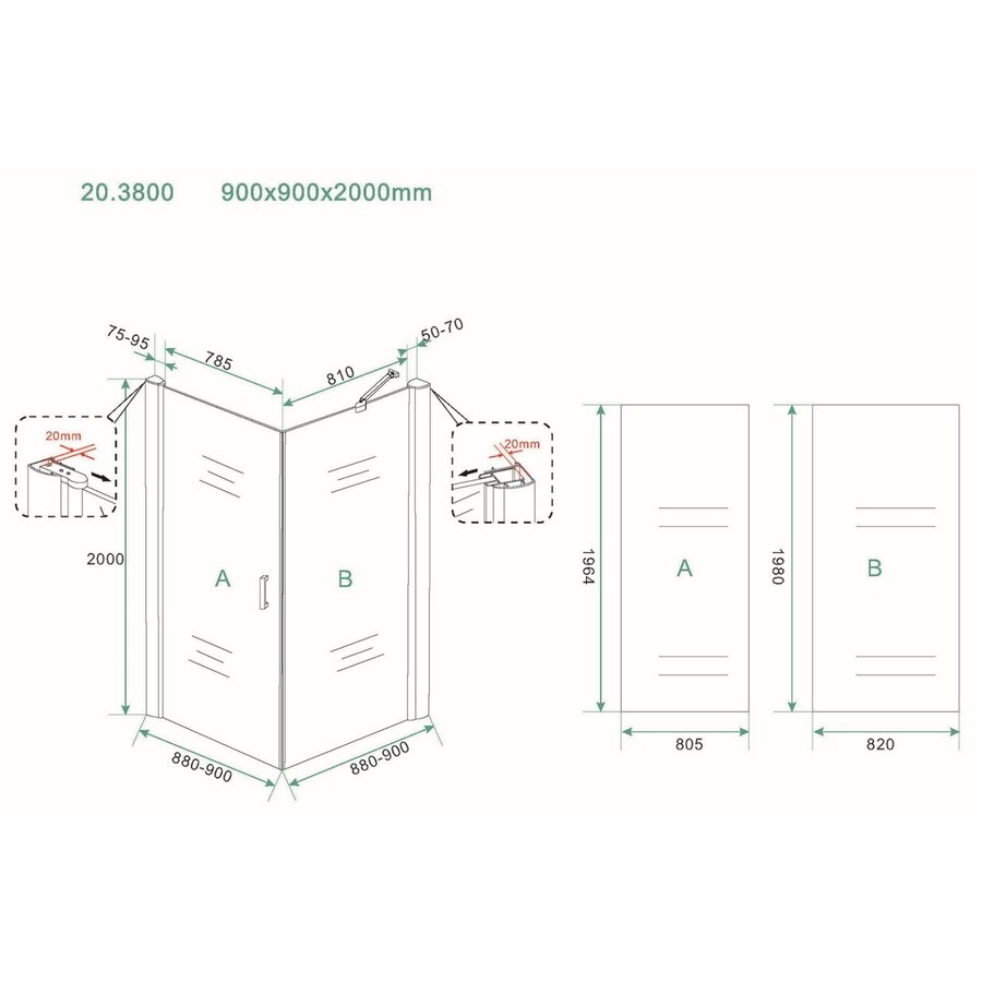 Douchecabine Wiesbaden Uni Klapdeur Vierkant 90x90x200 cm 8 mm NANO coating Mat Zwart