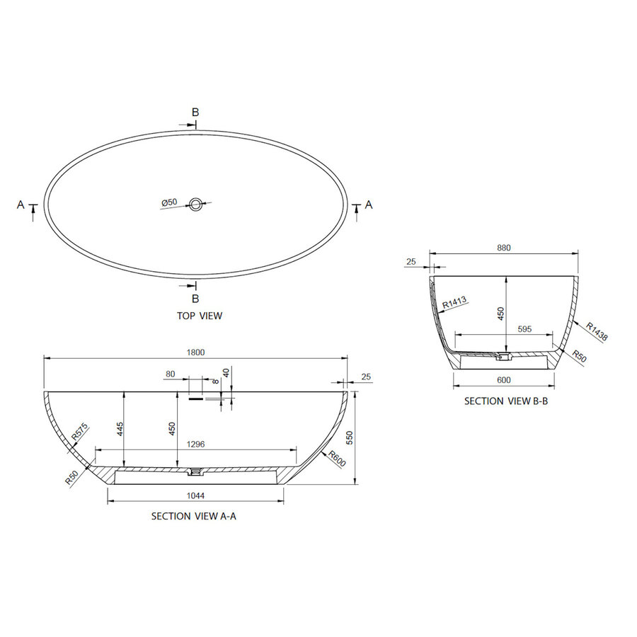 Ligbad Vrijstaand Ideavit Solidellipse 180x88x55 cm Solid Surface Mat Zwart