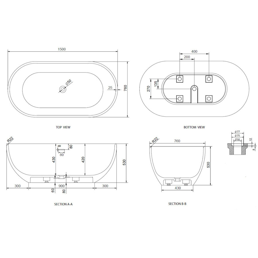 Ligbad Vrijstaand Ideavit Solidera 150x76x53 cm Solid Surface Grey Beige