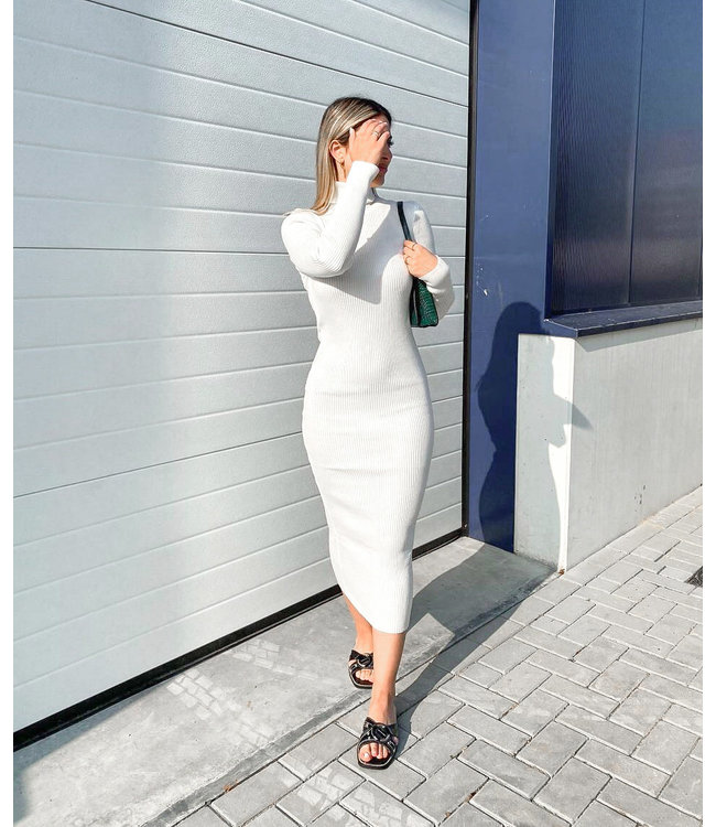 Ribbed Turtle Neck Dress / White