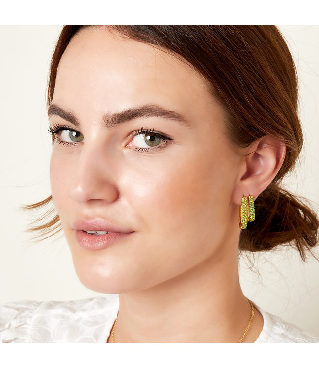 Gold Rectangle Shimmer Earrings / Green Small
