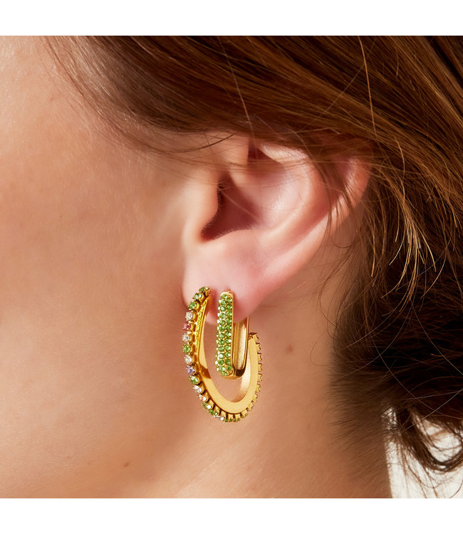 Gold Rectangle Shimmer Earrings / Green Small