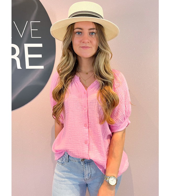 Cotton Short Sleeve Blouse / Pink 