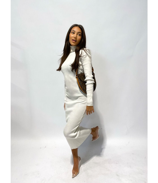 Ribbed Turtle Neck Dress / White