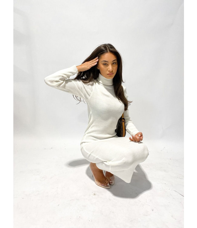 Ribbed Turtle Neck Dress / White