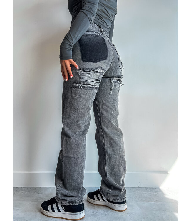 Ripped Contrast Jeans / Grey