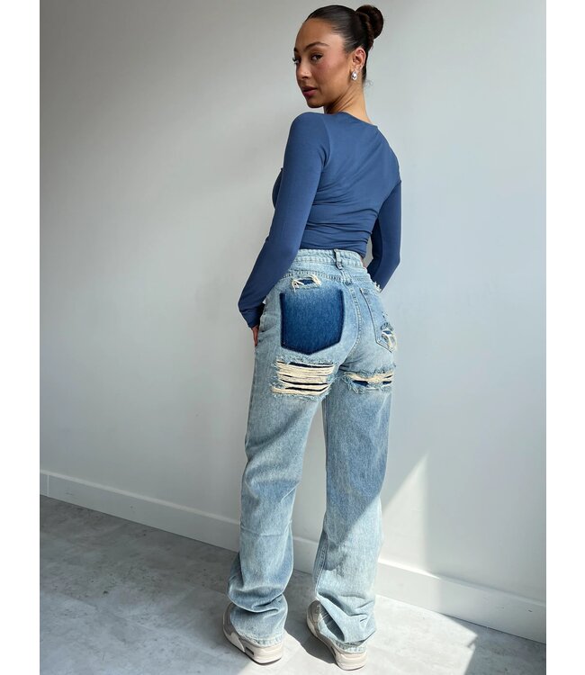 Ripped Contrast Jeans / Blue