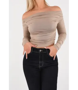 Draped Off Shoulder Top / Taupe
