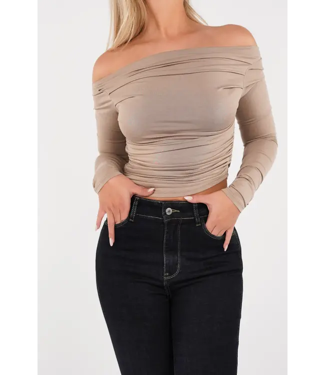 Draped Off Shoulder Top / Taupe