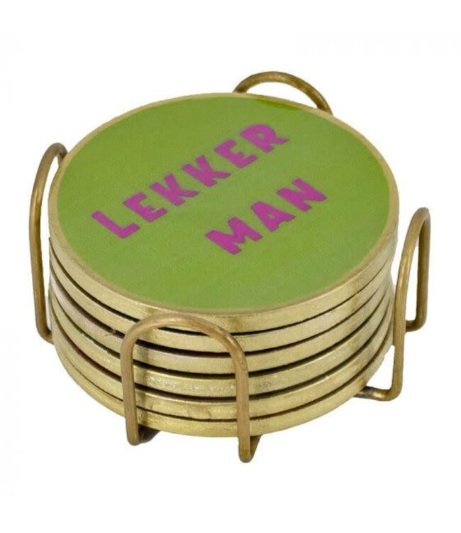 Set van 6 onderzetters met tekst in rekje 10x10x5cm