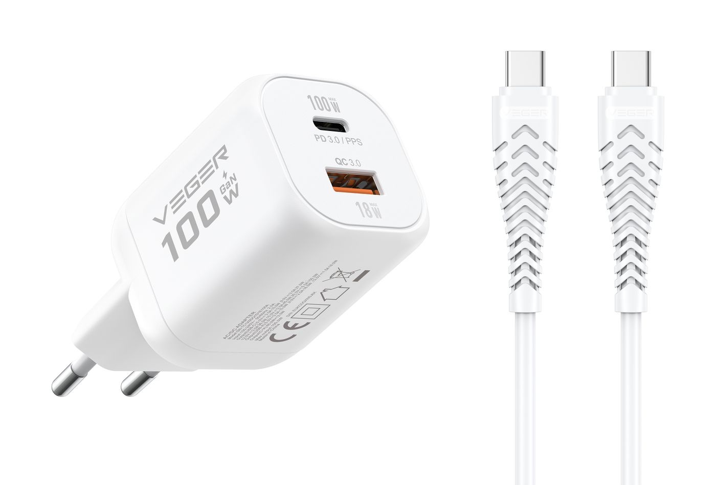 Veger snellader 100 Watt 2x USB Poort + USB-C Kabel 1,5m Nylon Wit