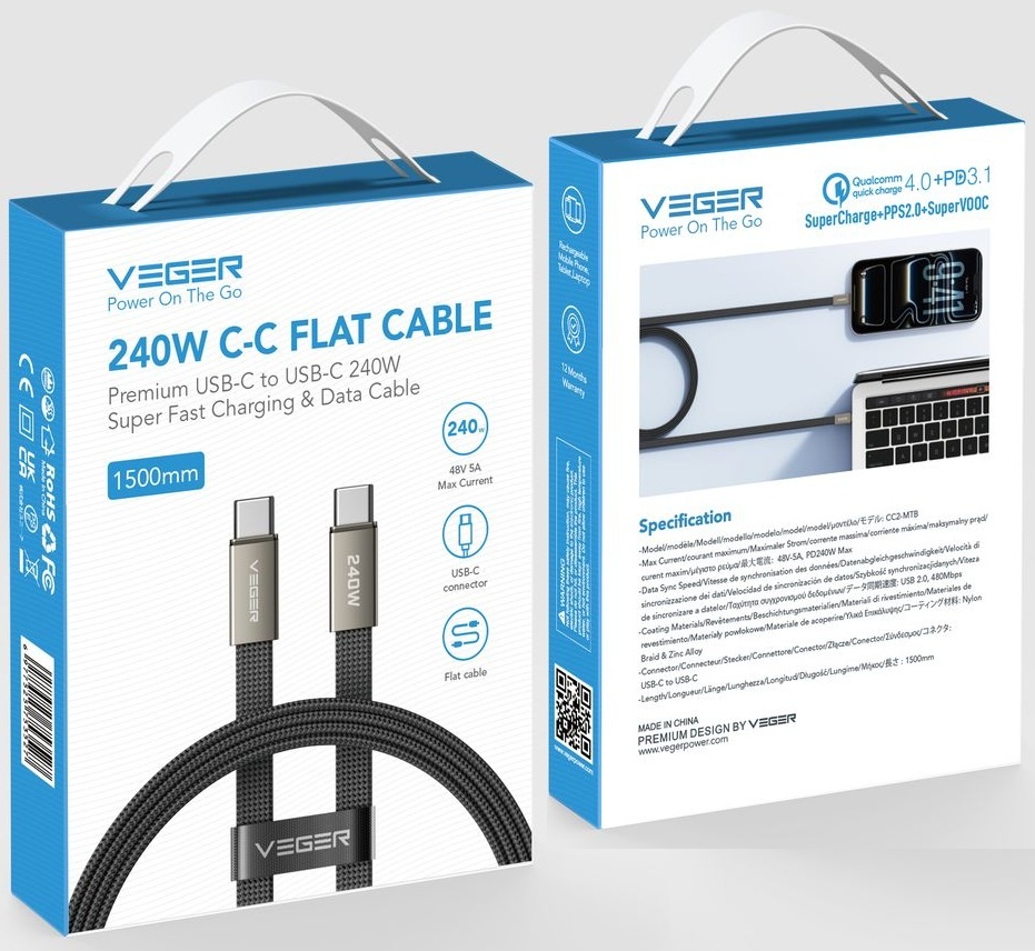 Veger CC2 USB-C naar USB-C kabel 1.5m Braided Flat 240 Watt