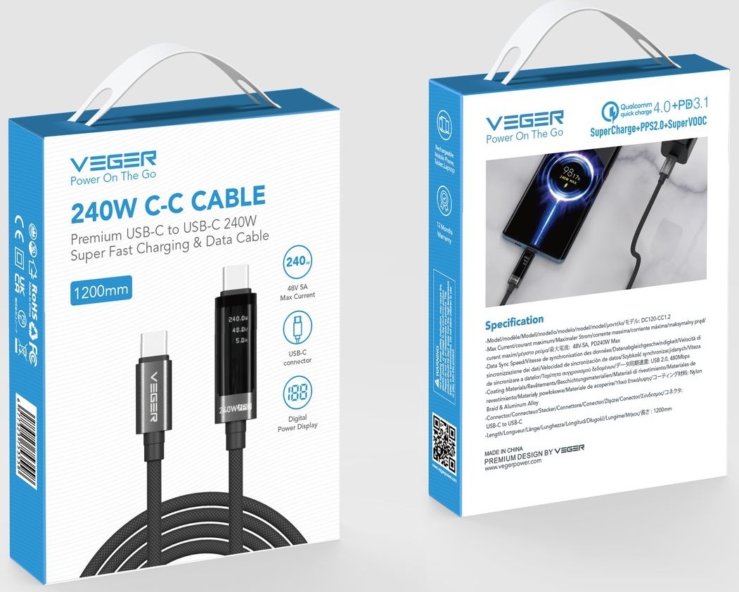 Veger DC120 USB-C naar USB-C kabel 1.5m Braided Aluminium 240 Watt met display