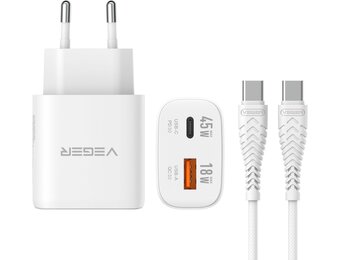 Veger snellader 45 Watt 2x USB Poort + USB-C Kabel 1,5m Nylon Wit