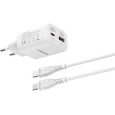 Veger snellader 45 Watt 2x USB Poort + USB-C Kabel 1,5m Nylon Wit
