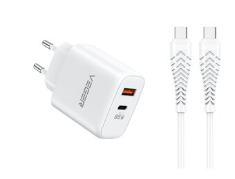 Veger snellader 65 Watt 2x USB Poort + USB-C Kabel 1,5m Nylon Wit