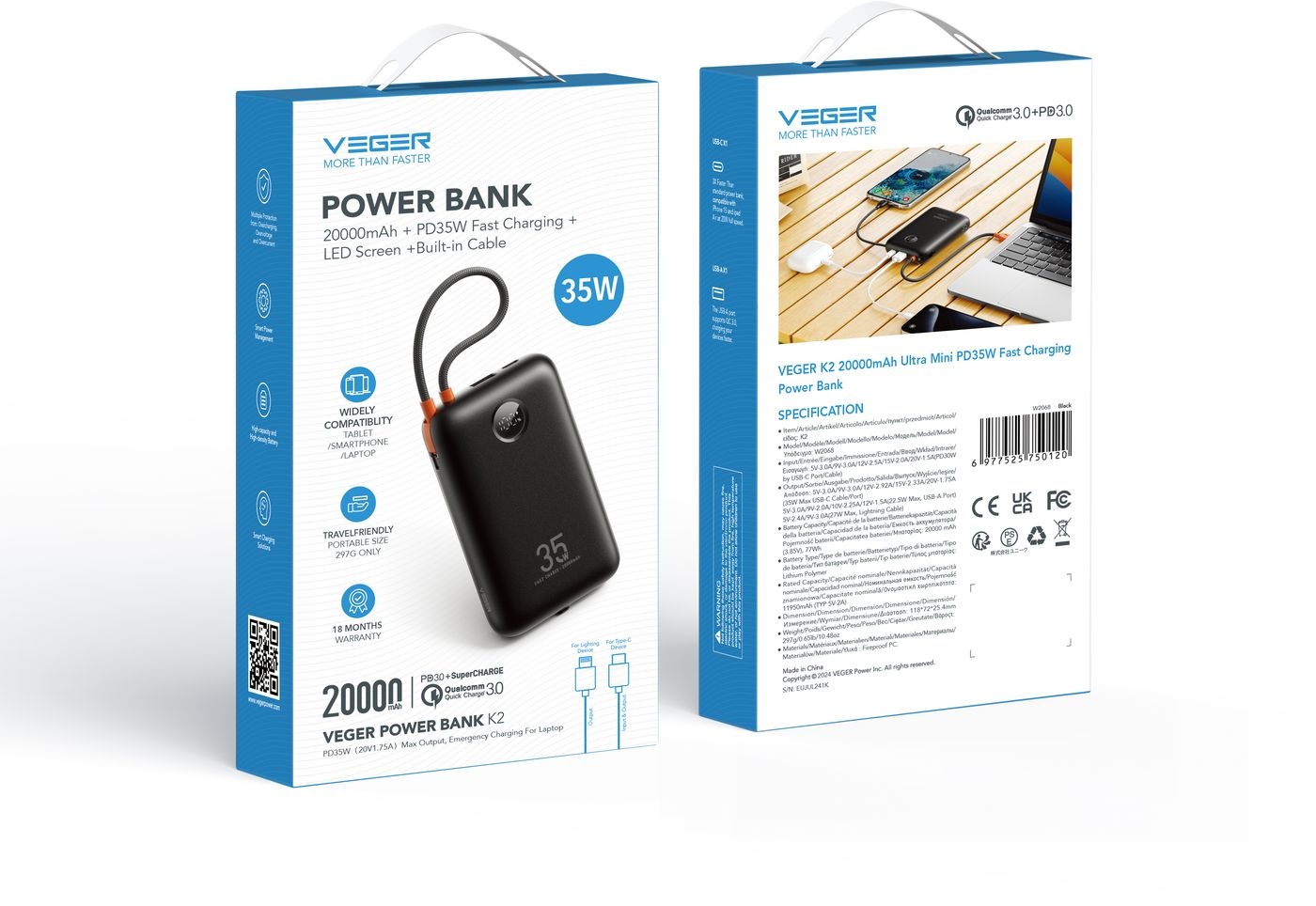 Veger K2 W2068 20.000 mAh Powerbank Zwart - Powerbank