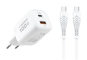 Veger snellader 100 Watt 2x USB Poort + USB-C Kabel 1,5m Nylon Wit